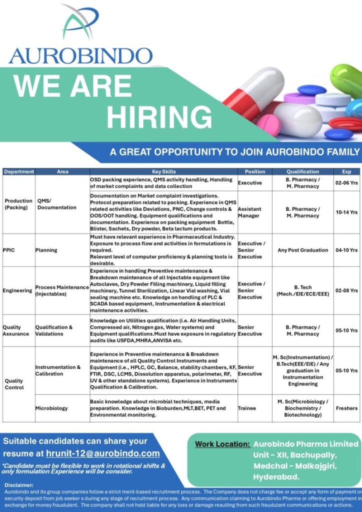 Aurobindo Pharma Hiring for Production, QA, QC, Engineering, PPIC & Microbiology Departments – Apply Now