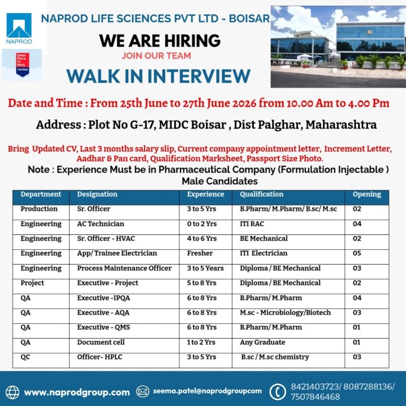 Naprod Life Sciences Pvt Ltd Walk-In Interview | QA, QC, Production & Engineering Jobs in Boisar on 25 June 2026 to 27 June 2026