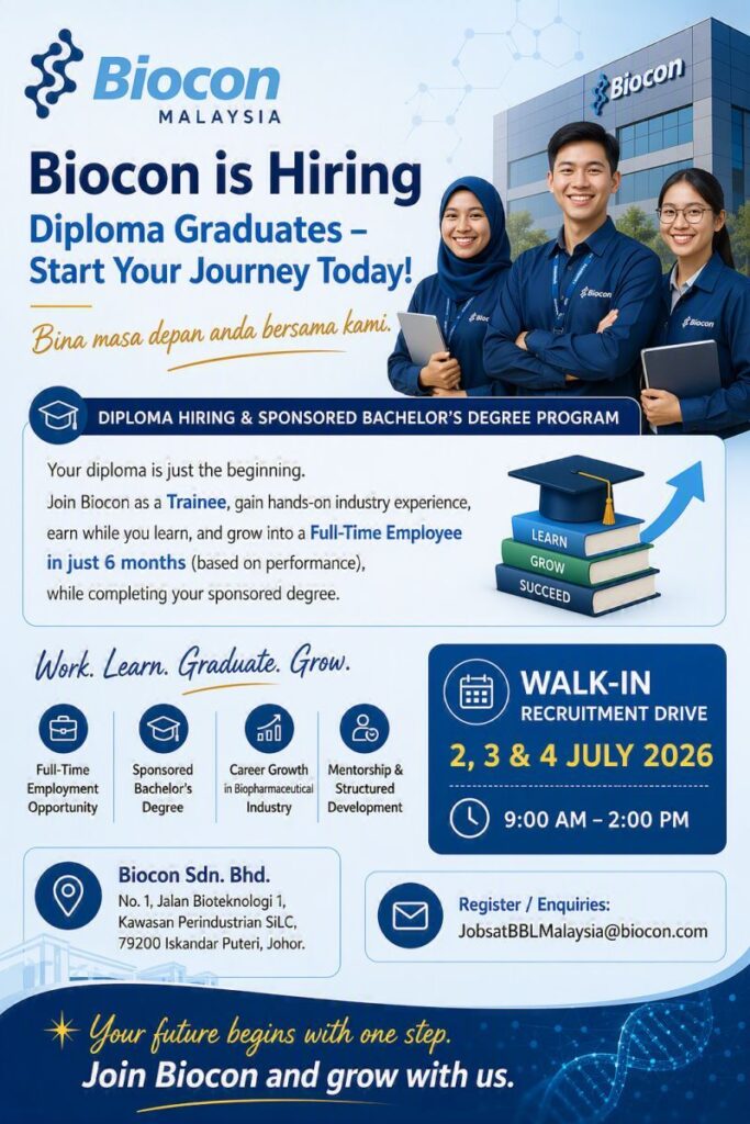 Biocon Malaysia Diploma Hiring 2026 | Walk-in Recruitment Drive for Trainee Roles with Sponsored Bachelor's Degree on 2, 3 & 4 July 2026