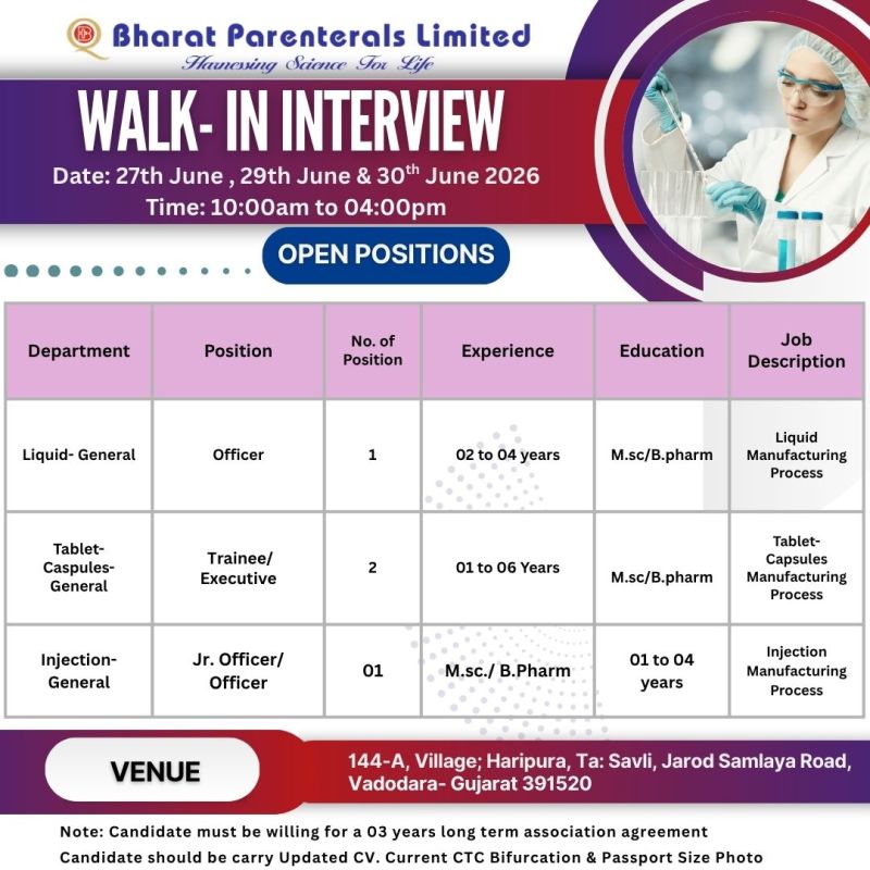 Bharat Parenterals Limited Walk-in Interview | Production Jobs for B.Pharm & M.Sc Candidates in Gujarat on 27 June, 29 June & 30 June 2026