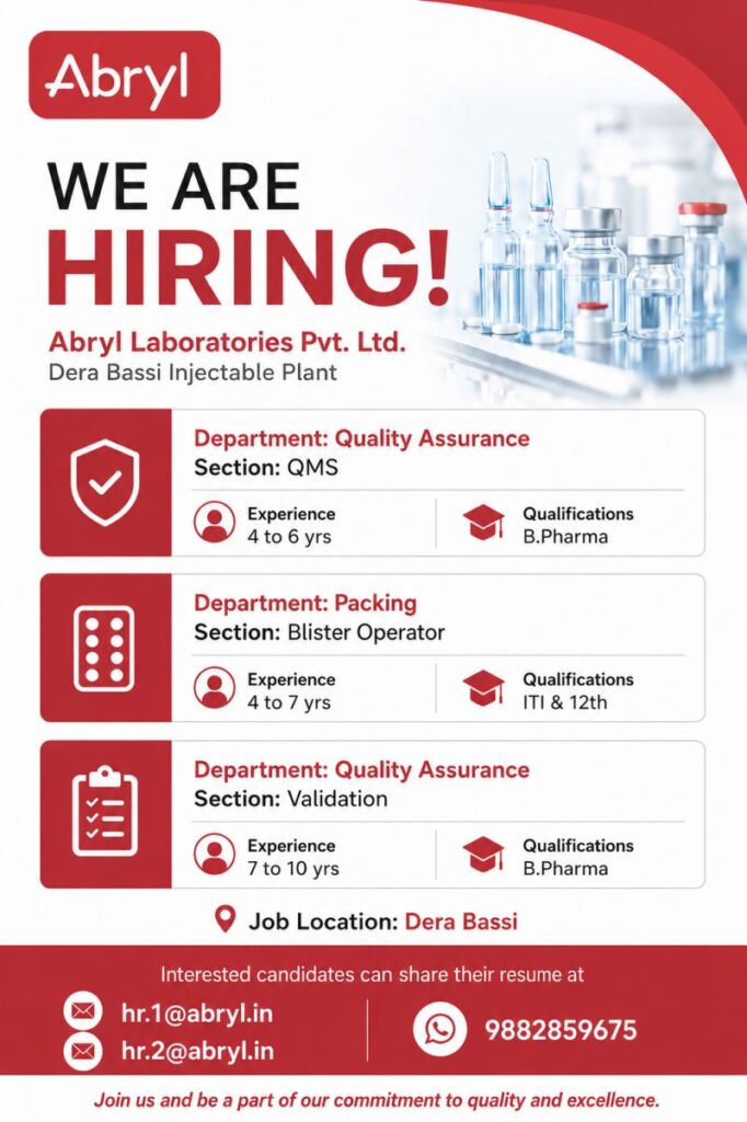 Abryl Laboratories Pvt. Ltd. Hiring 2026 | QA & Packing Jobs in Dera Bassi | Apply Now
