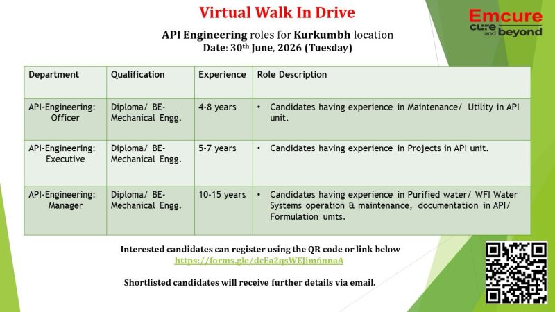 Emcure Pharmaceuticals Virtual Walk-In Drive for API Engineering Roles | Mechanical Engineering Jobs in Kurkumbh on 30th June 2026