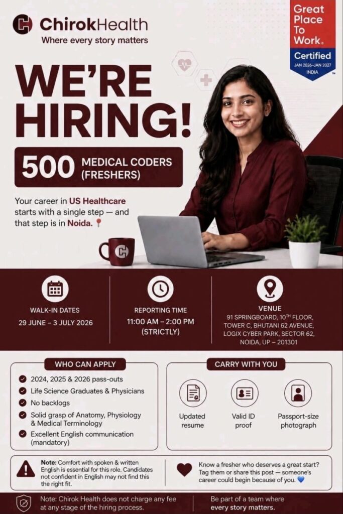 Chirok Health Walk-in Interview for 500 Medical Coders | Freshers | Noida | Apply Now on 29 June – 3 July 2026