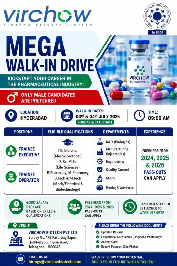 Virchow Biotech Pvt Ltd Mega Walk-in Interview for Freshers | Trainee Executive & Trainee Operator Pharma Jobs in Hyderabad on 03rd & 04th July 2026