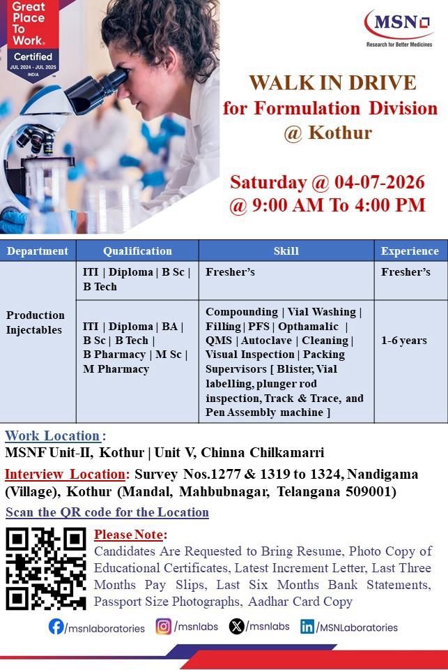 MSN Laboratories Walk-in Interview for Production – Formulation Division | Freshers & Experienced Candidates on Saturday, 04 July 2026