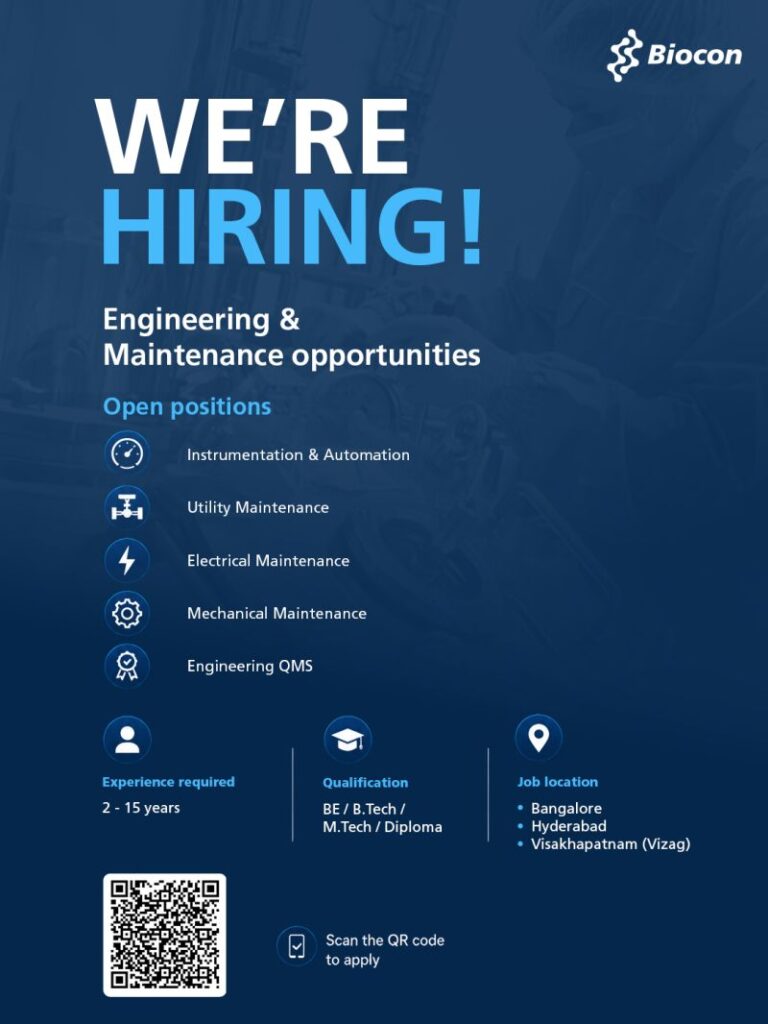 Biocon Engineering & Maintenance Jobs 2026 | Apply for Engineering & Maintenance Opportunities in Bangalore, Hyderabad & Visakhapatnam