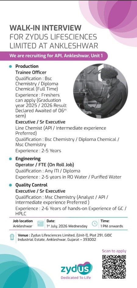 Zydus Lifesciences Walk-in Interview for Production, Quality Control & Engineering Roles | Freshers and Experienced Candidates on 1st July 2026