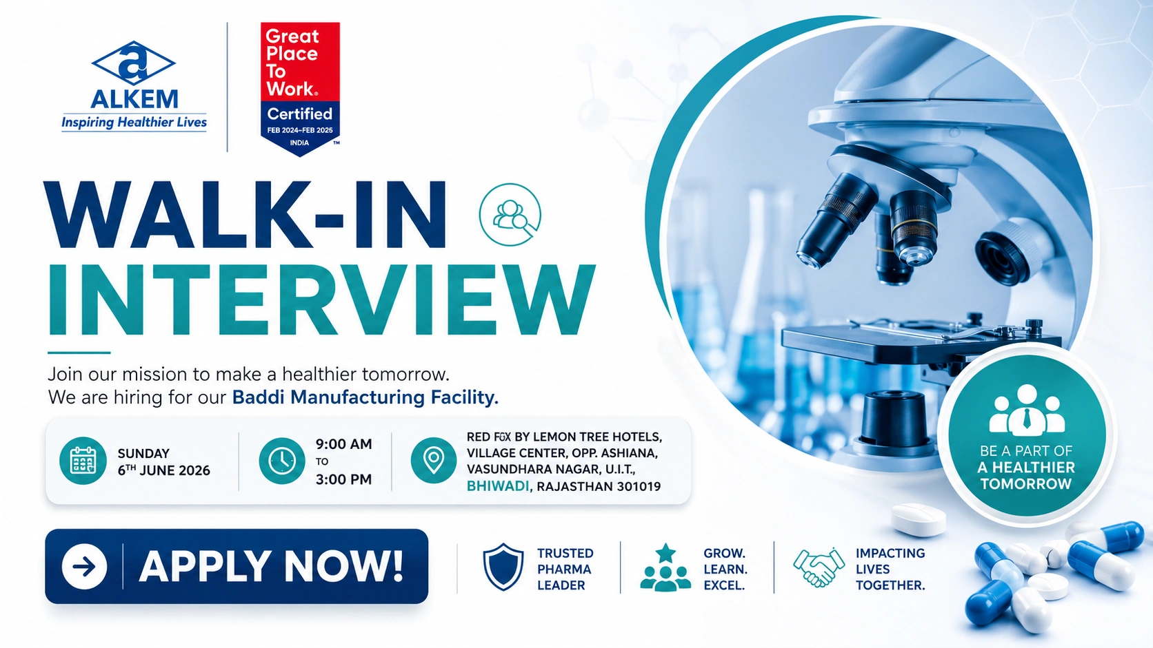 Alkem Laboratories Walk-in Interview for Production & Quality Control Roles at Baddi Manufacturing Facility on 6 June 2026 (Sunday)