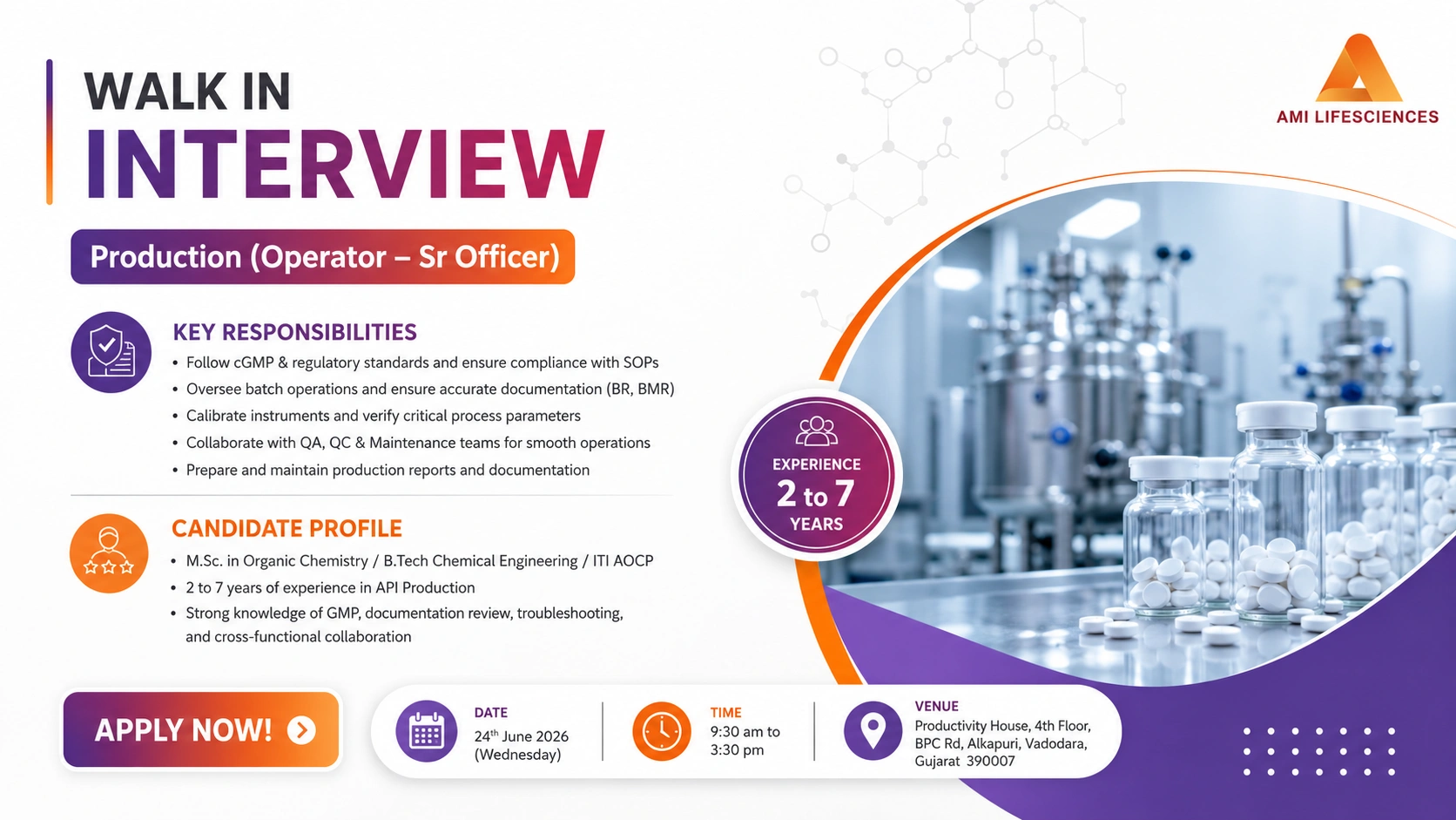 AMI Lifesciences Walk-In Interview for Production Professionals | API Pharma Jobs in Gujarat on 24 June 2026 (Wednesday)