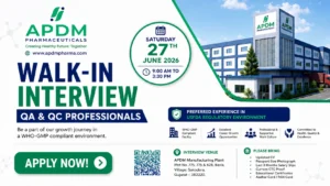 APDM Pharmaceuticals Walk-in Interview for QA & QC Professionals in Gujarat | Pharma Jobs on 27th June 2026