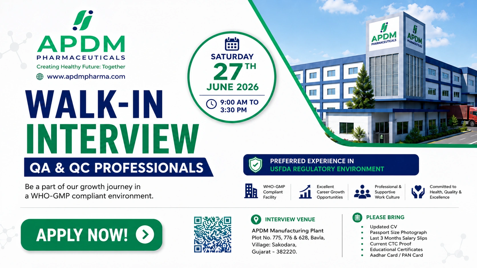 APDM Pharmaceuticals Walk-in Interview for QA & QC Professionals in Gujarat | Pharma Jobs on 27th June 2026
