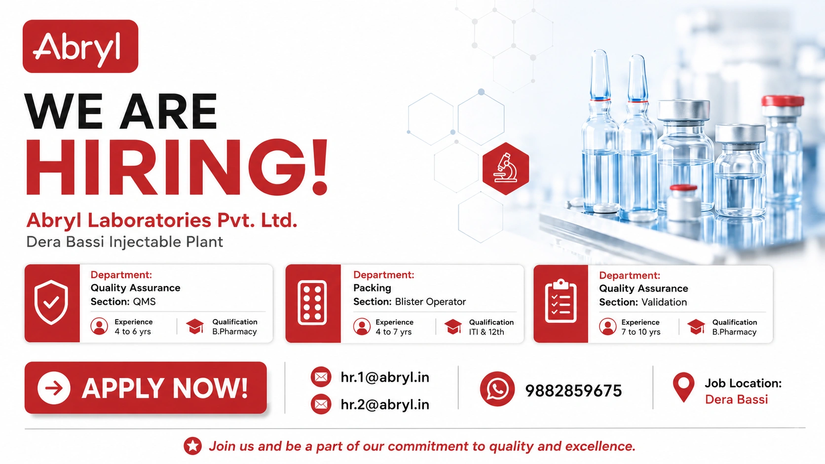 Abryl Laboratories Pvt. Ltd. Hiring 2026 | QA & Packing Jobs in Dera Bassi | Apply Now