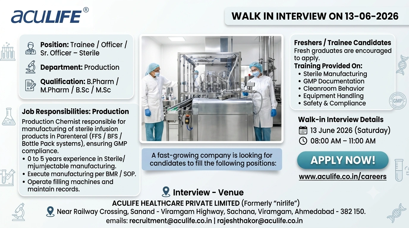 AcuLife Healthcare Walk-In Interview for Freshers and Experienced Candidates | Production Department Jobs on 13 June 2026 (Saturday)