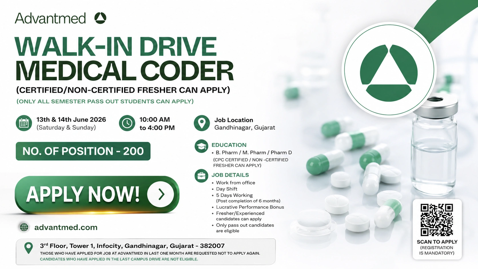 Advantmed Walk-In Drive for Medical Coder | Freshers & Experienced Pharma Candidates Can Apply on 13th June 2026 and 14th June 2026