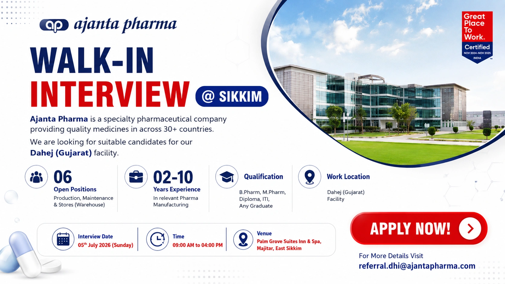 Ajanta Pharma Walk-in Interview at Sikkim | Manufacturing, Packing, Maintenance & Warehouse Jobs on 5th July 2026