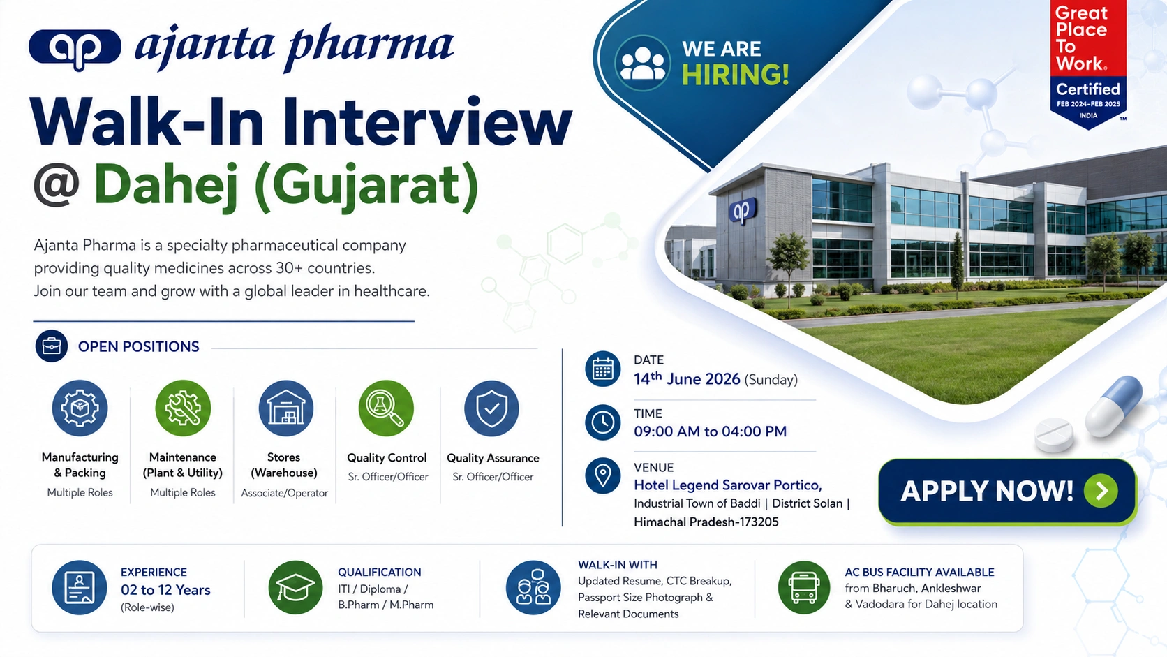 Ajanta Pharma Walk-In Interview for Production, QA, QC, Maintenance & Warehouse Roles at Dahej Facility on 14 June 2026 (Sunday)