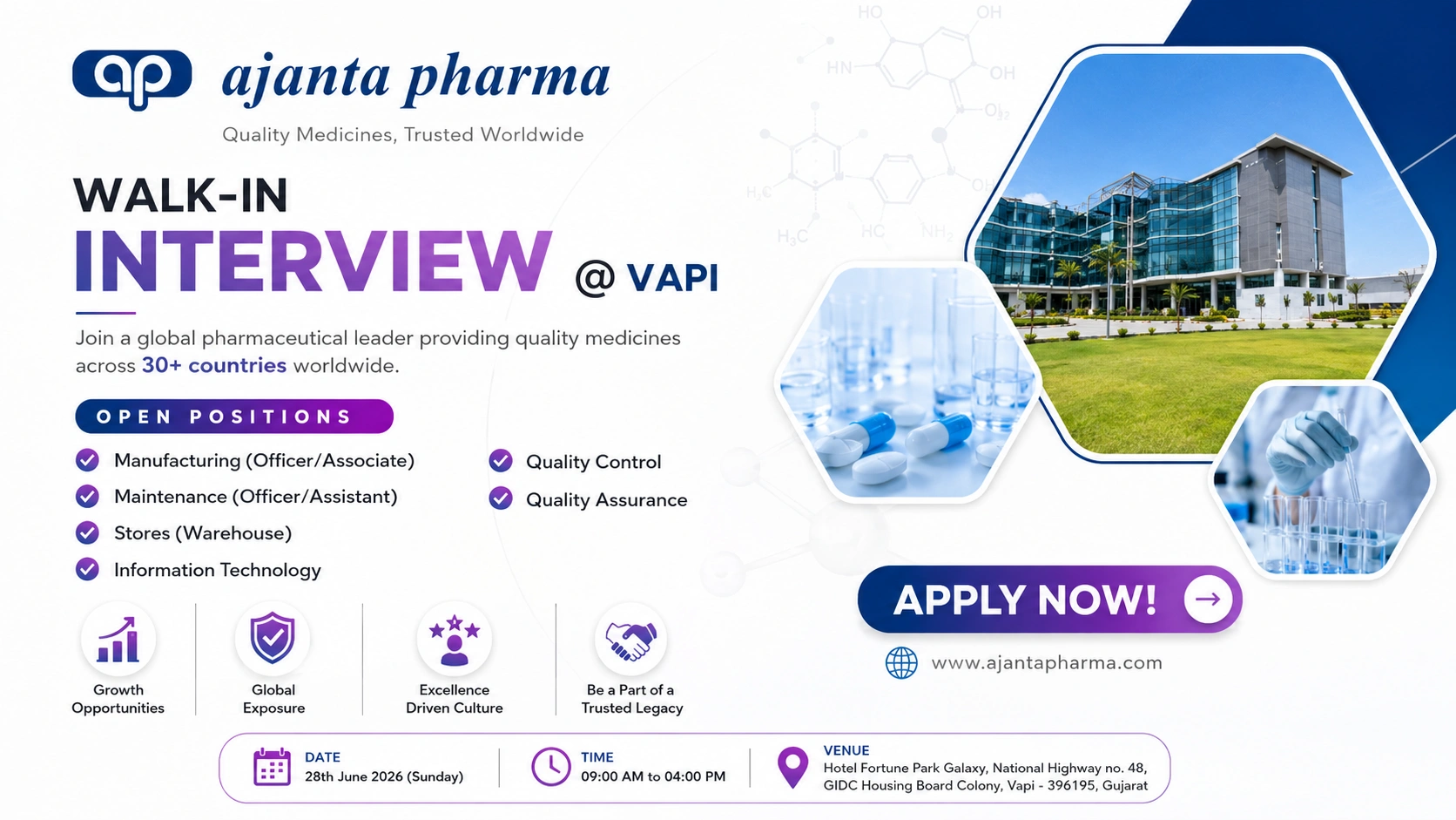 B.Pharm / M.Pharm, B.Sc / M.Sc, B.E / ITI / Diploma / D.Pharm / BCA / MCA / BE (IT/Instrumentation) (as per position)