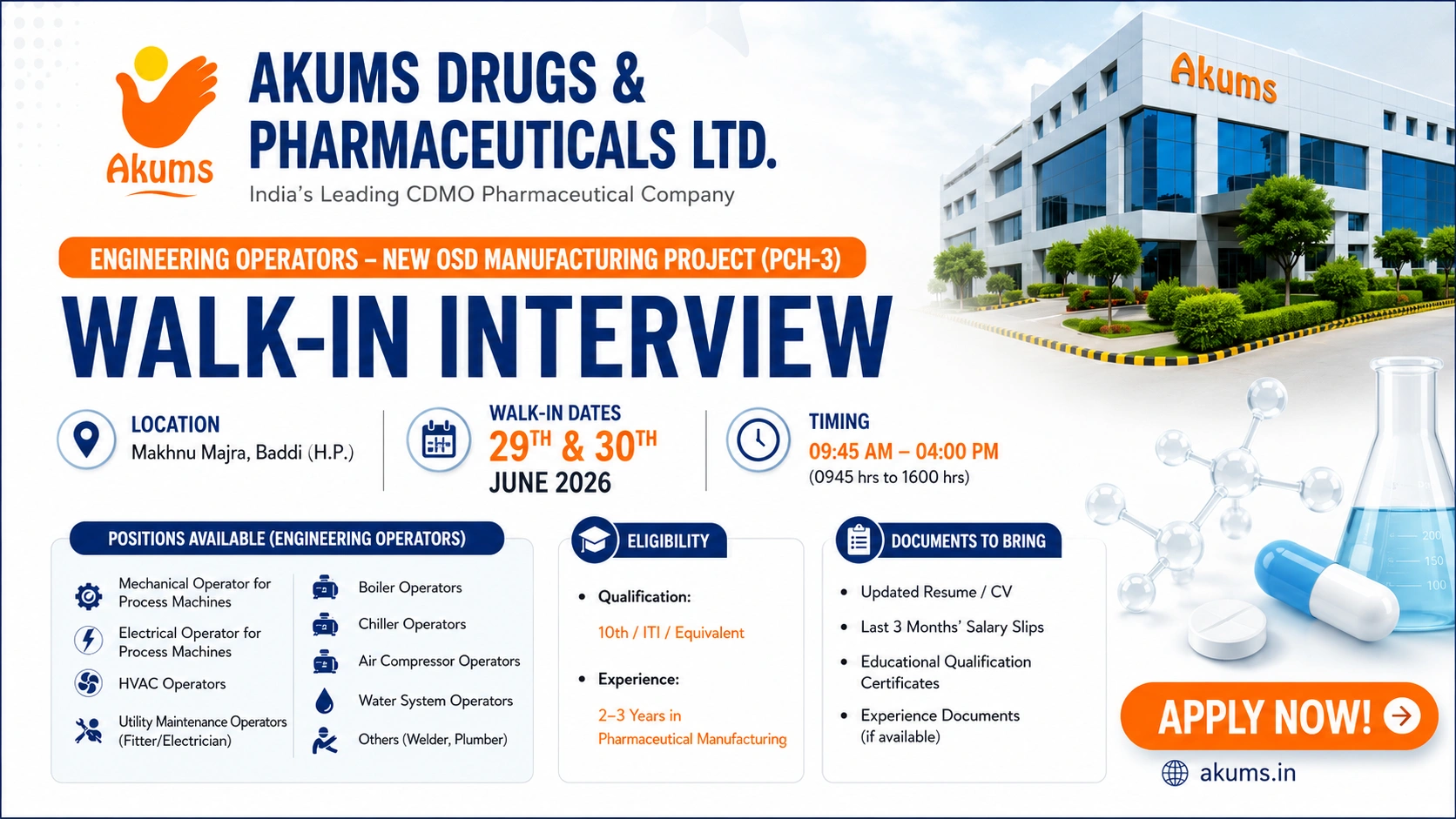 Akums Drugs & Pharmaceuticals Walk-in Interview for Engineering Operators | Apply for OSD Manufacturing Jobs in Baddi on 29th & 30th June 2026