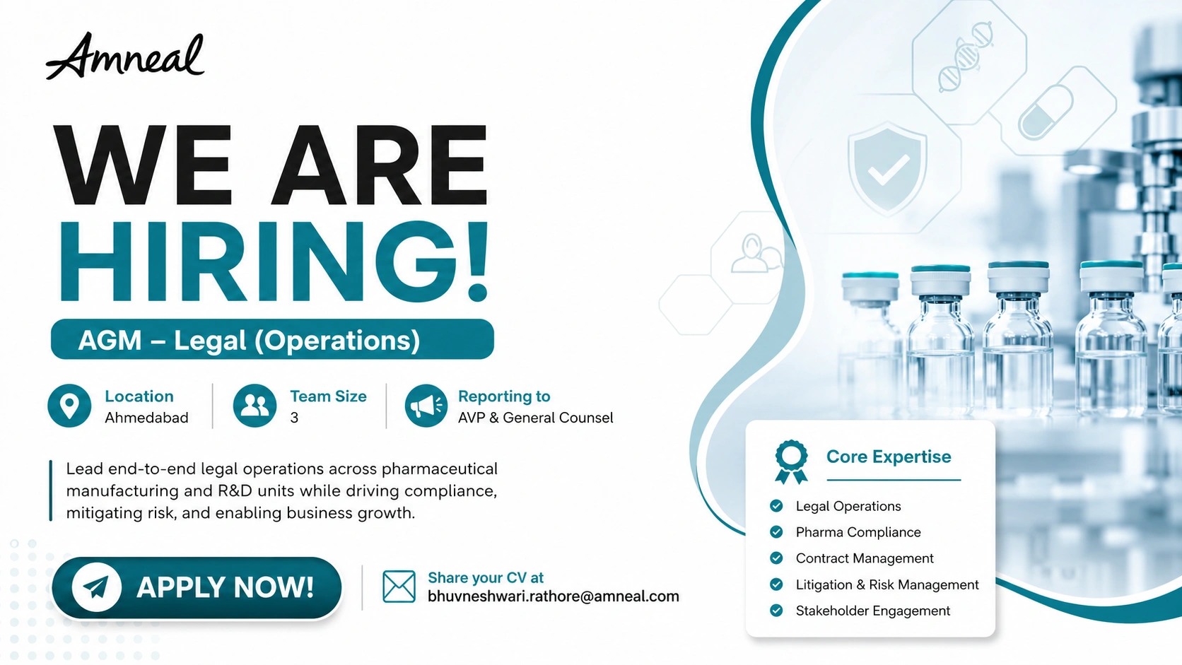 AGM – Legal (Operations) Jobs in Ahmedabad | Amneal Pharmaceuticals Hiring Experienced Legal Professionals
