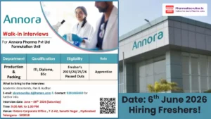 Annora Pharma is hiring apprentices for the Production and Packing departments.