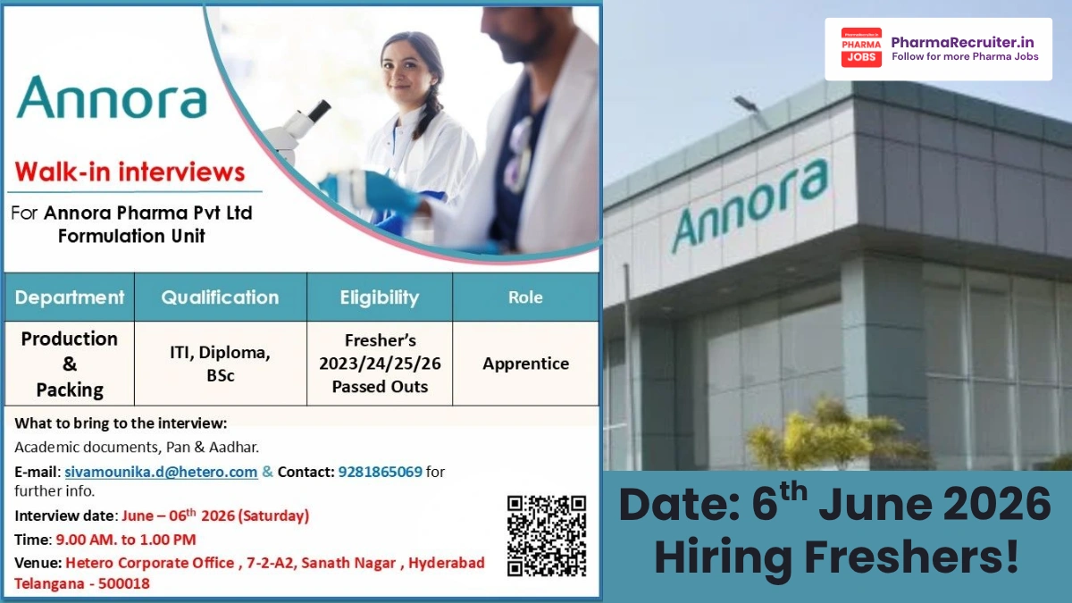 Annora Pharma is hiring apprentices for the Production and Packing departments.