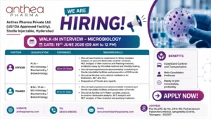 Anthea Pharma is conducting a walk-in interview on 19th June 2026 for Microbiology Officer and Trainee positions in its Quality Control department.