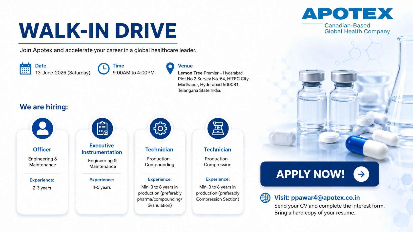 Apotex Walk-In Drive for Production, Engineering & Maintenance Jobs | Hyderabad Interview | Bangalore Location on 13 June 2026