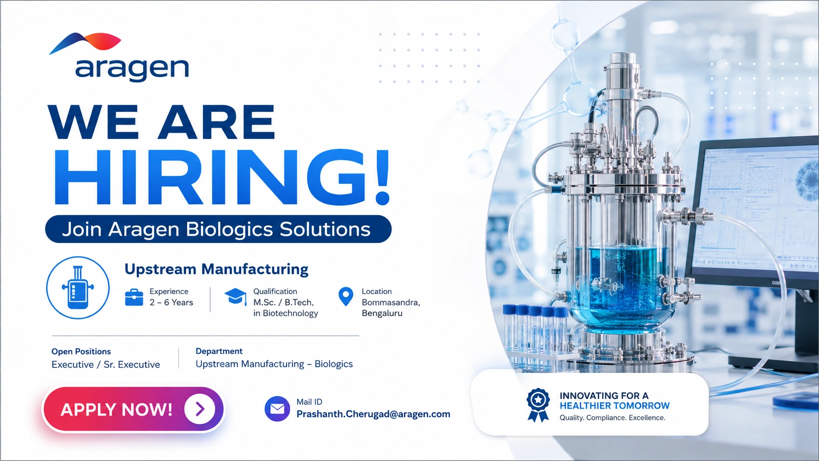 Aragen Biologics Solutions Hiring Executive / Sr. Executive – Upstream Manufacturing | Biologics Jobs in Bengaluru