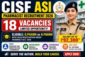 Assistant Sub Inspector (ASI) – Pharmacist Department: Medical / Healthcare Role: Assistant Sub Inspector (Pharmacist) Qualification: D.Pharm or B.Pharm with valid registration under Pharmacy Act, 1948 Experience: Freshers may apply Age Limit: 18 – 28 Years (as on 07 July 2026)