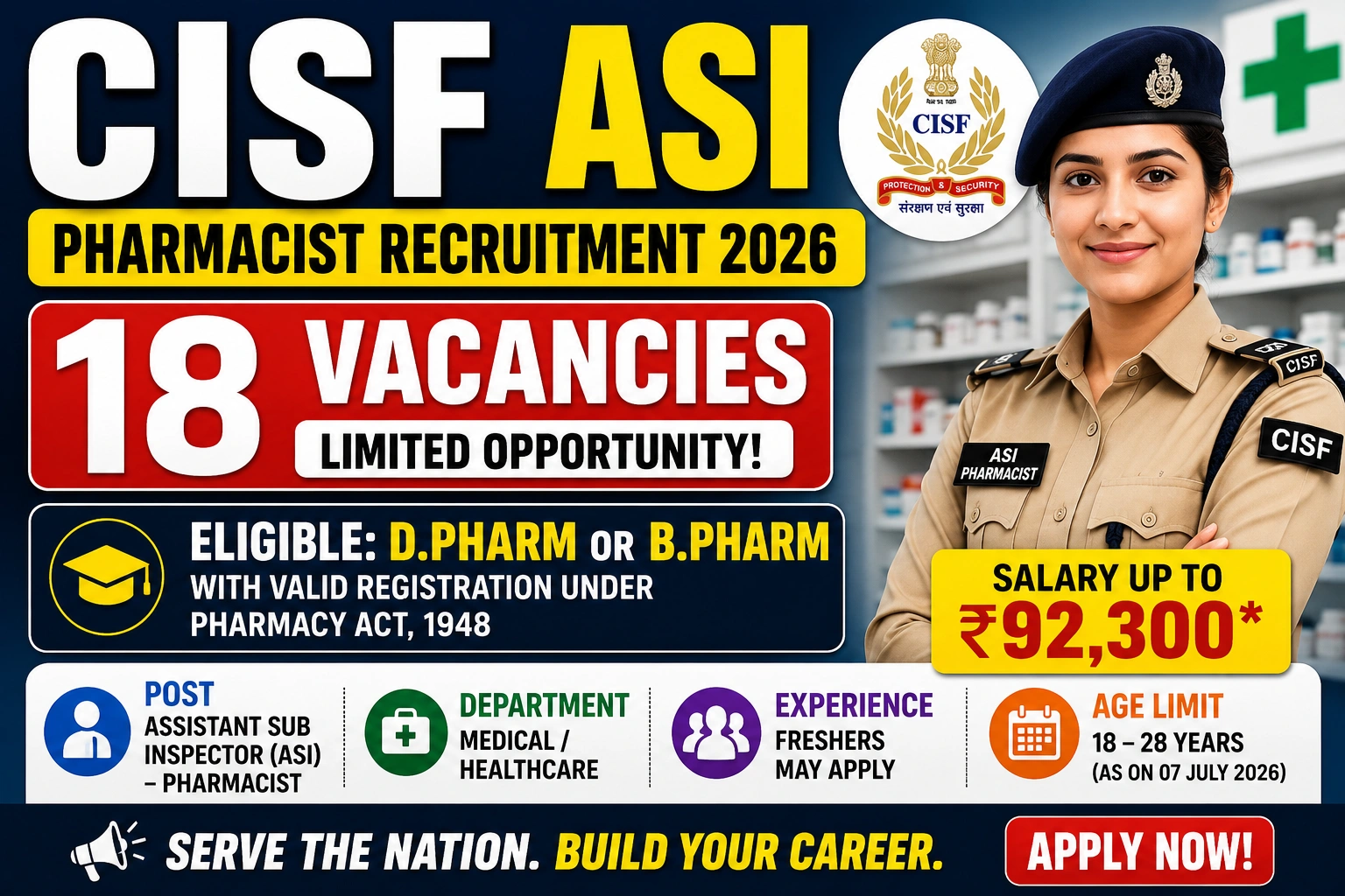 Assistant Sub Inspector (ASI) – Pharmacist Department: Medical / Healthcare Role: Assistant Sub Inspector (Pharmacist) Qualification: D.Pharm or B.Pharm with valid registration under Pharmacy Act, 1948 Experience: Freshers may apply Age Limit: 18 – 28 Years (as on 07 July 2026)