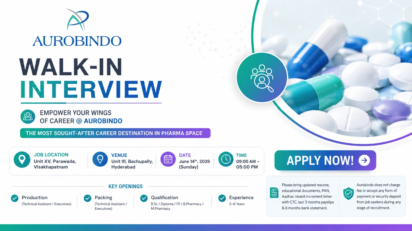 Aurobindo Pharma Walk-In Interview for Production & Packing Departments | Apply on 14 June 2026