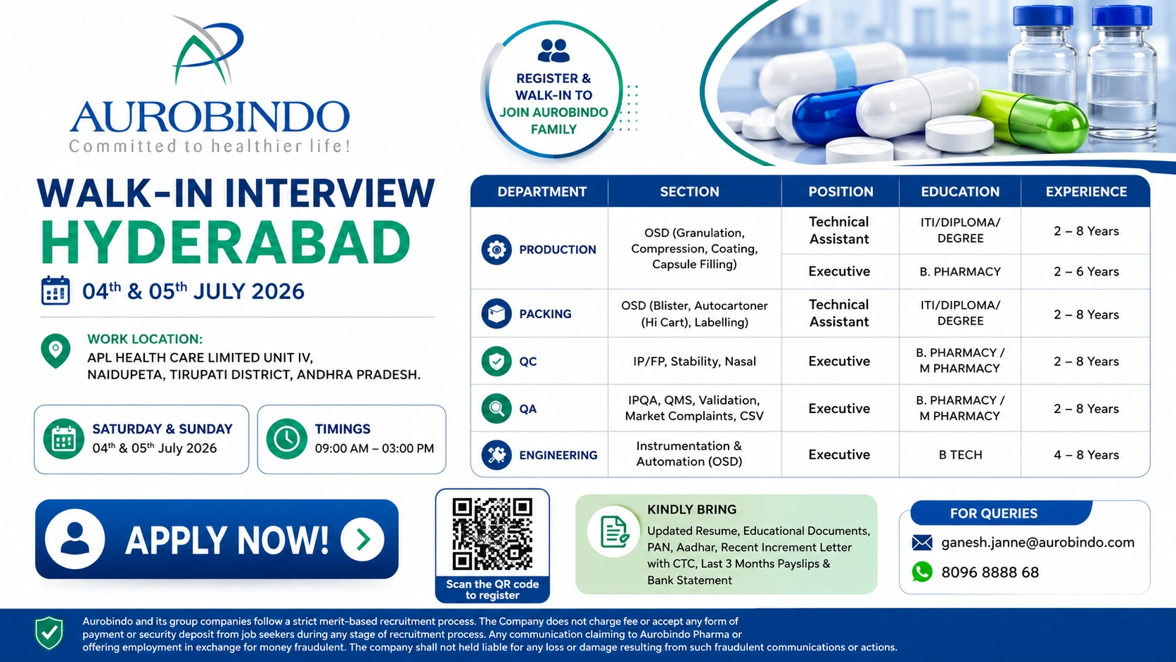ITI / Diploma / Degree / B.Pharmacy / M.Pharmacy / B.Tech