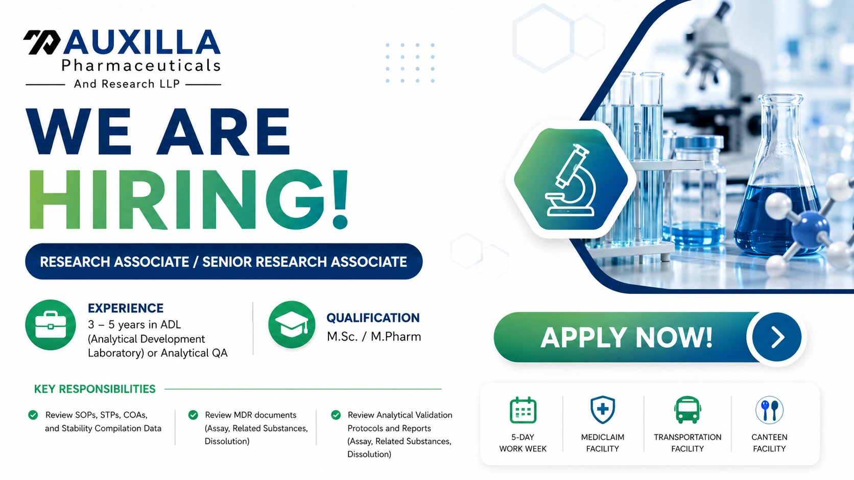 Auxilla Pharmaceuticals & Research LLP Hiring Research Associate / Senior Research Associate – Quality Assurance (QA)