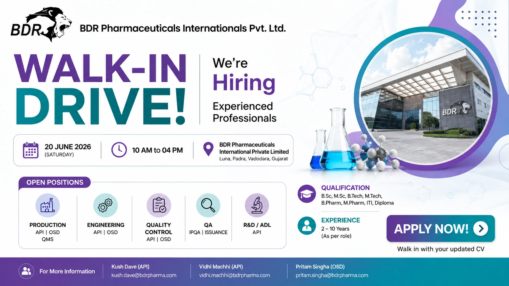BDR Pharmaceuticals Walk-In Interview for Production, QA, QC, Engineering, ADL & R&D Professionals on 20 June 2026
