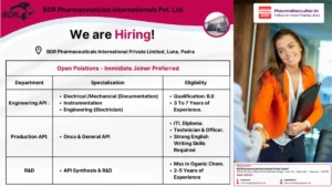BDR Pharmaceuticals Jobs in Vadodara – API Engineering, Production & R&D Openings
