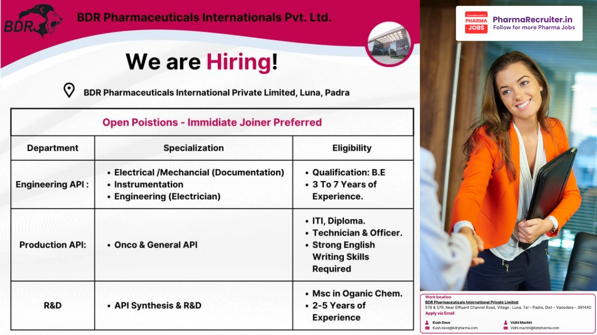 BDR Pharmaceuticals Jobs in Vadodara – API Engineering, Production & R&D Openings