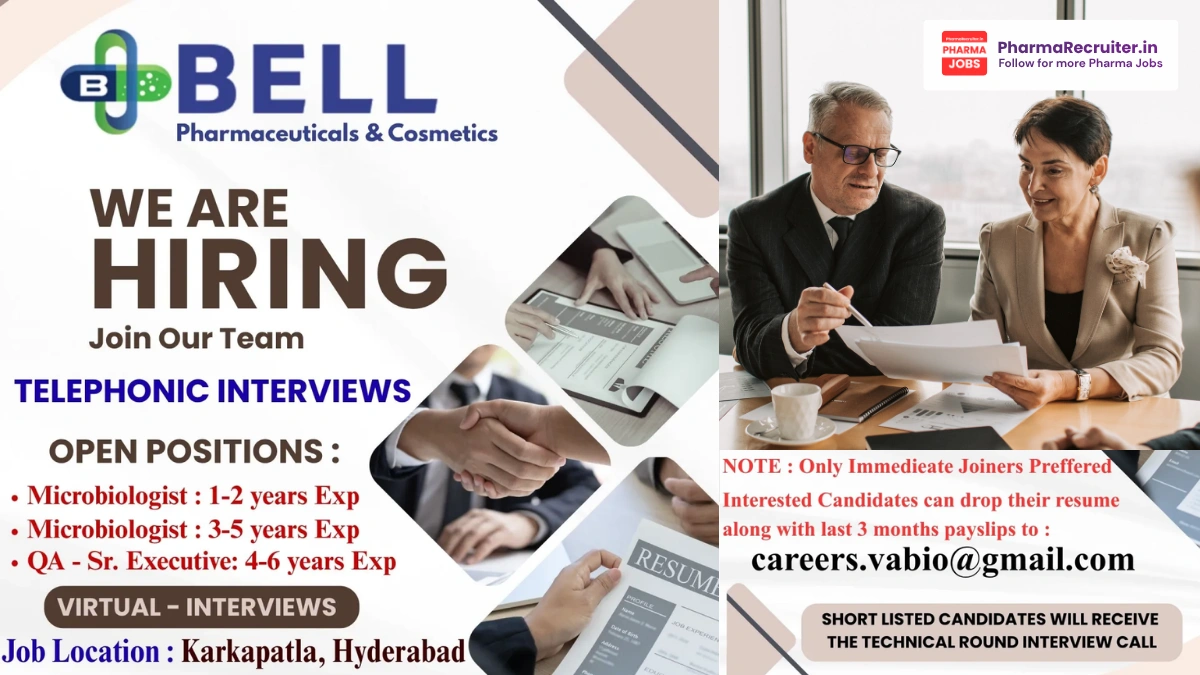 BELL Pharmaceuticals & Cosmetics Hiring 2026 – Microbiologist & QA Sr. Executive Jobs in Hyderabad