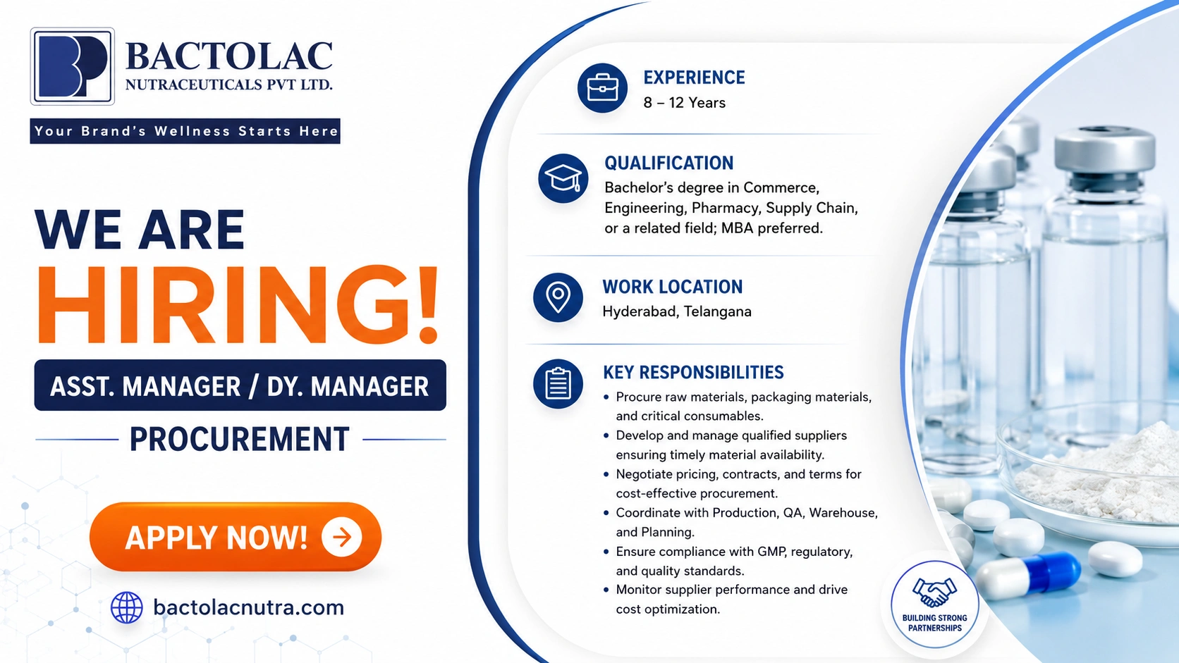 Bactolac Nutraceuticals Hiring Procurement Assistant Manager / Deputy Manager in Hyderabad | Apply Now