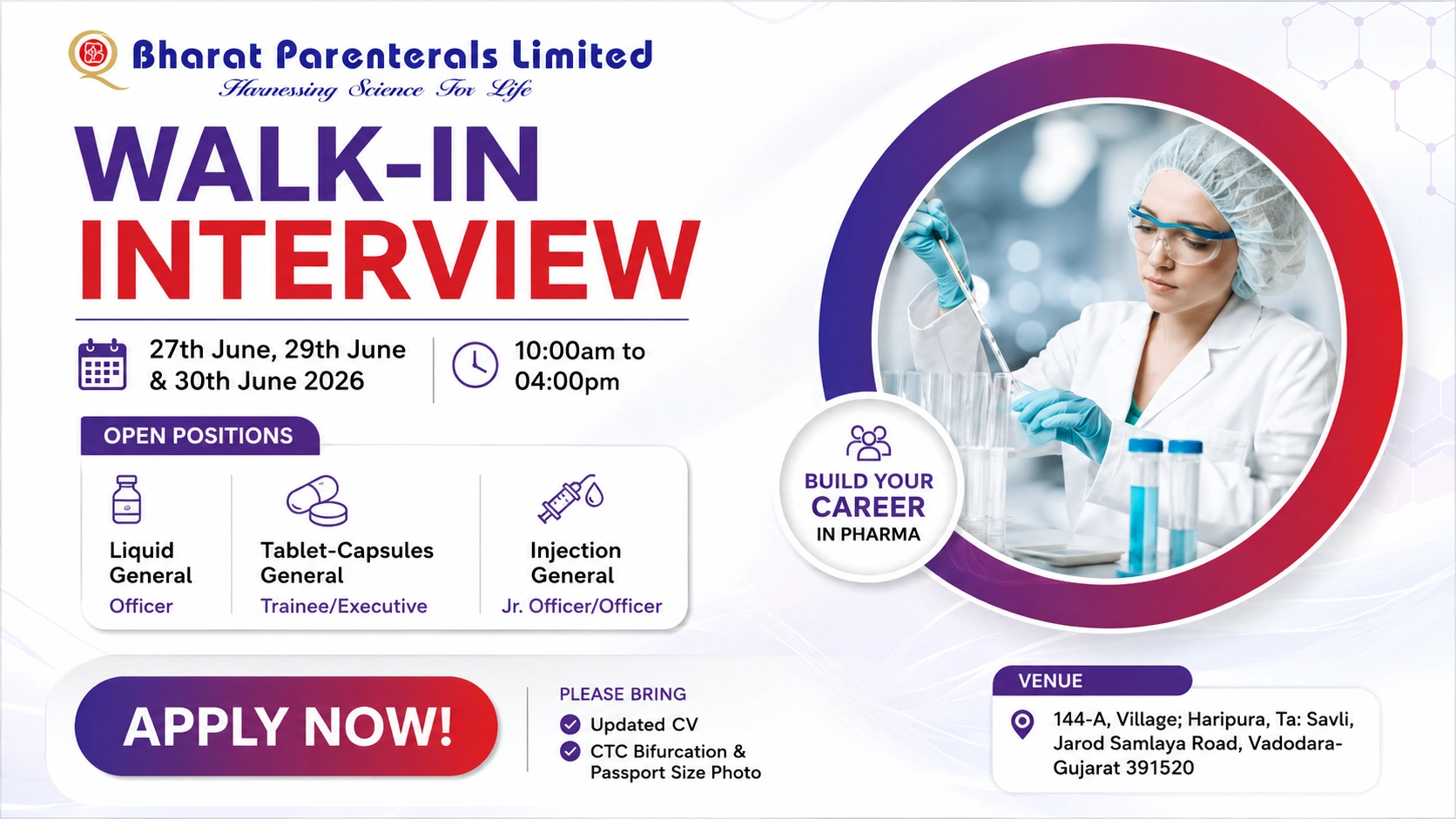 Bharat Parenterals Limited Walk-in Interview | Production Jobs for B.Pharm & M.Sc Candidates in Gujarat on 27 June, 29 June & 30 June 2026