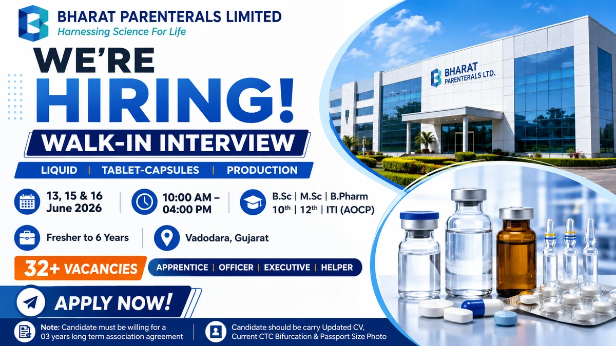 Bharat Parenterals Limited is conducting a walk-in interview from 13th, 15th, and 16th June 2026 for multiple pharma jobs in Production, Quality Control, and Quality Assurance at its Vadodara facility
