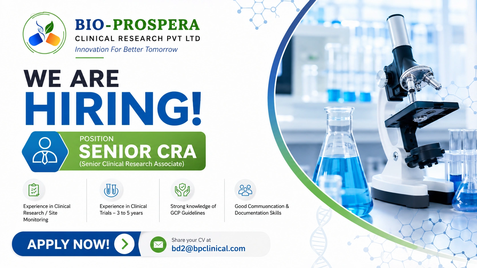 Bio-Prospera Clinical Research Pvt Ltd Hiring Senior Clinical Research Associate (Senior CRA) | Clinical Research Jobs in India