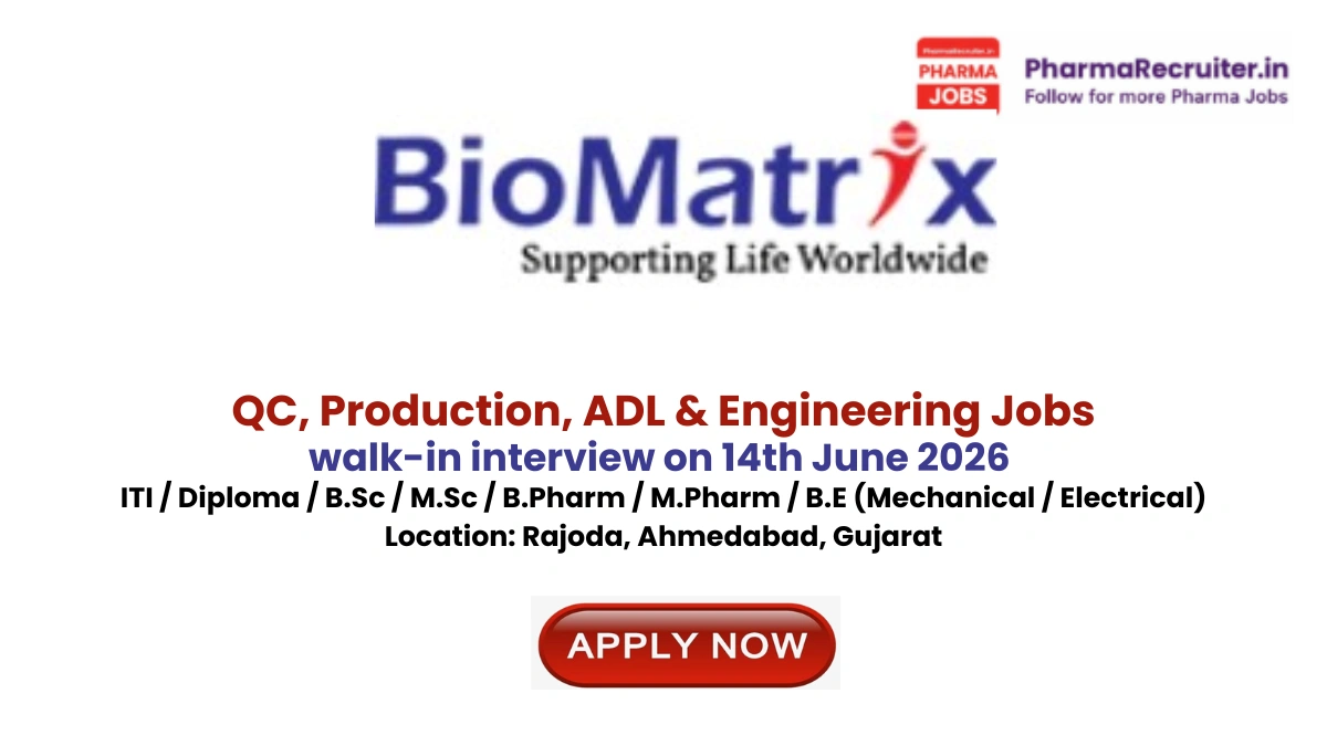 ITI / Diploma / B.Sc / M.Sc / B.Pharm / M.Pharm / B.E (Mechanical / Electrical) Location: Rajoda, Ahmedabad, Gujarat