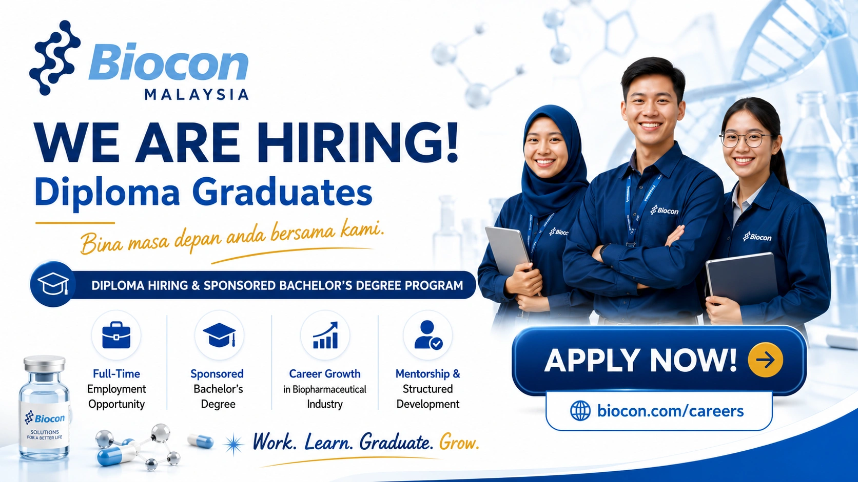 Biocon Malaysia Diploma Hiring 2026 | Walk-in Recruitment Drive for Trainee Roles with Sponsored Bachelor's Degree on 2, 3 & 4 July 2026