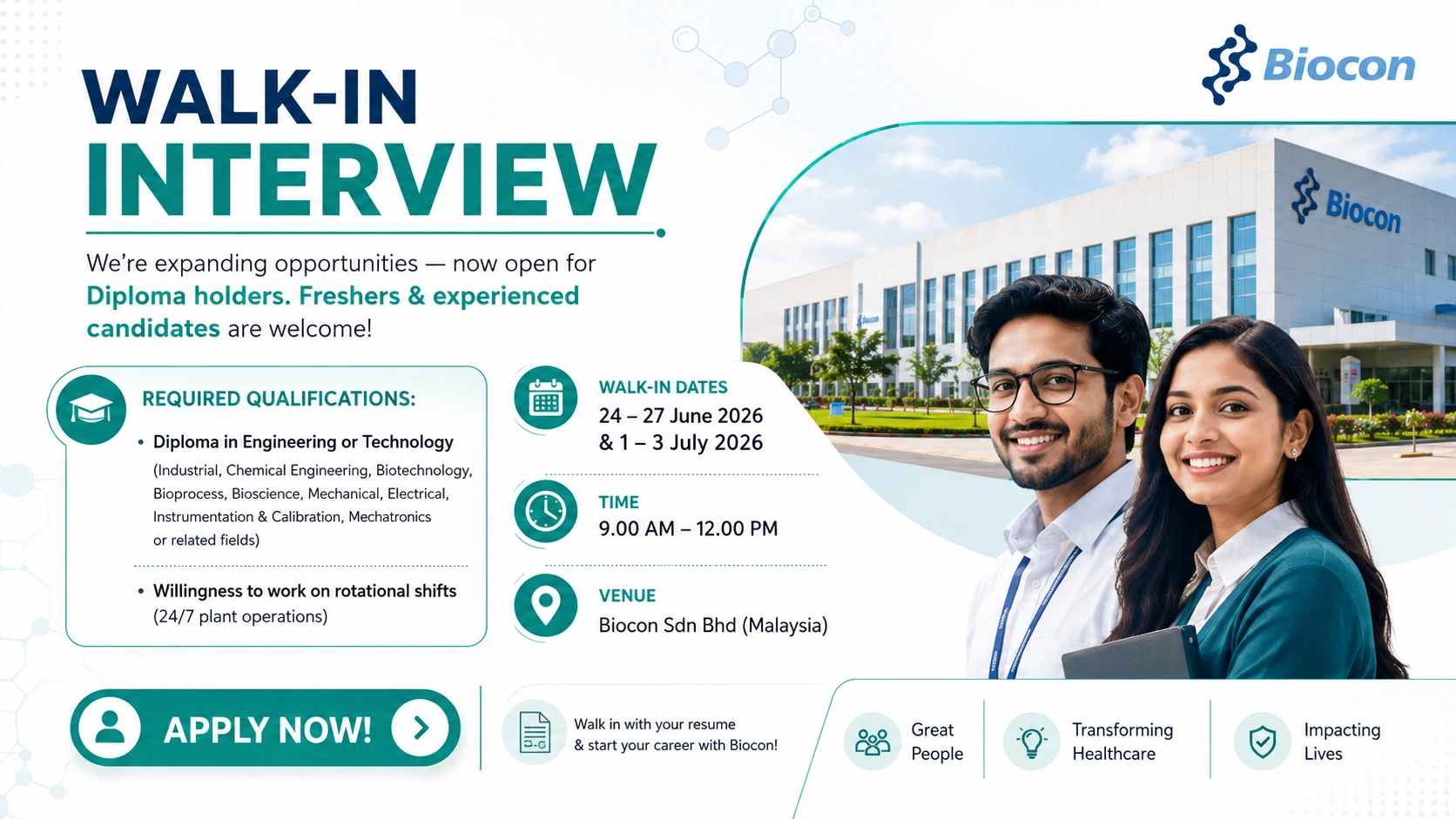 Diploma in Engineering or Technology (Industrial, Chemical, Biotechnology, Bioprocess, Bioscience, Mechanical, Electrical, Instrumentation & Calibration, Mechatronics or related fields)