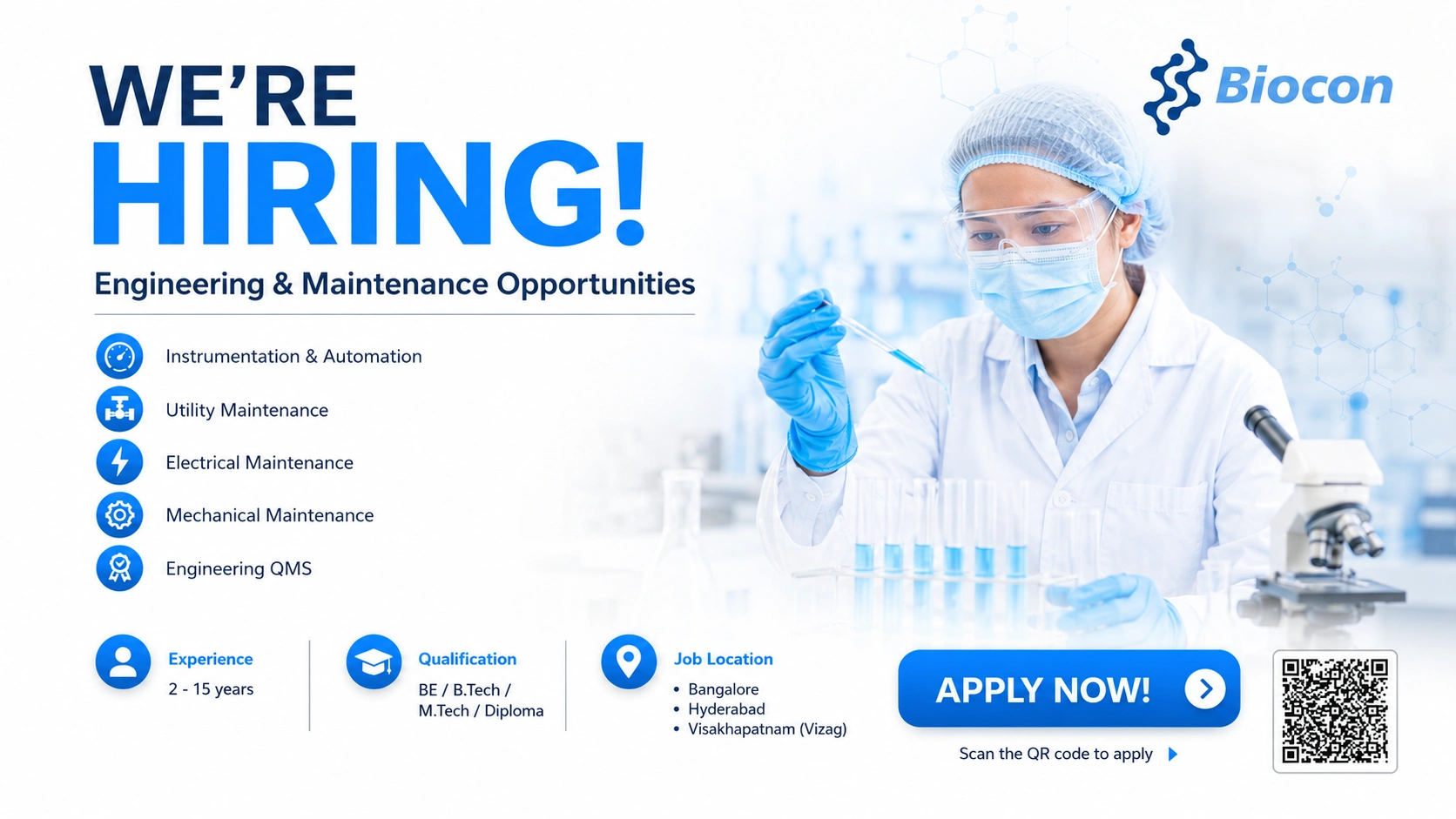 Biocon Engineering & Maintenance Jobs 2026 | Apply for Engineering & Maintenance Opportunities in Bangalore, Hyderabad & Visakhapatnam