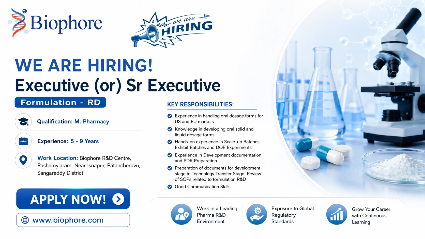 Biophore Hiring Formulation R&D Executive / Sr. Executive – M.Pharm Professionals | Pharma Jobs in Hyderabad