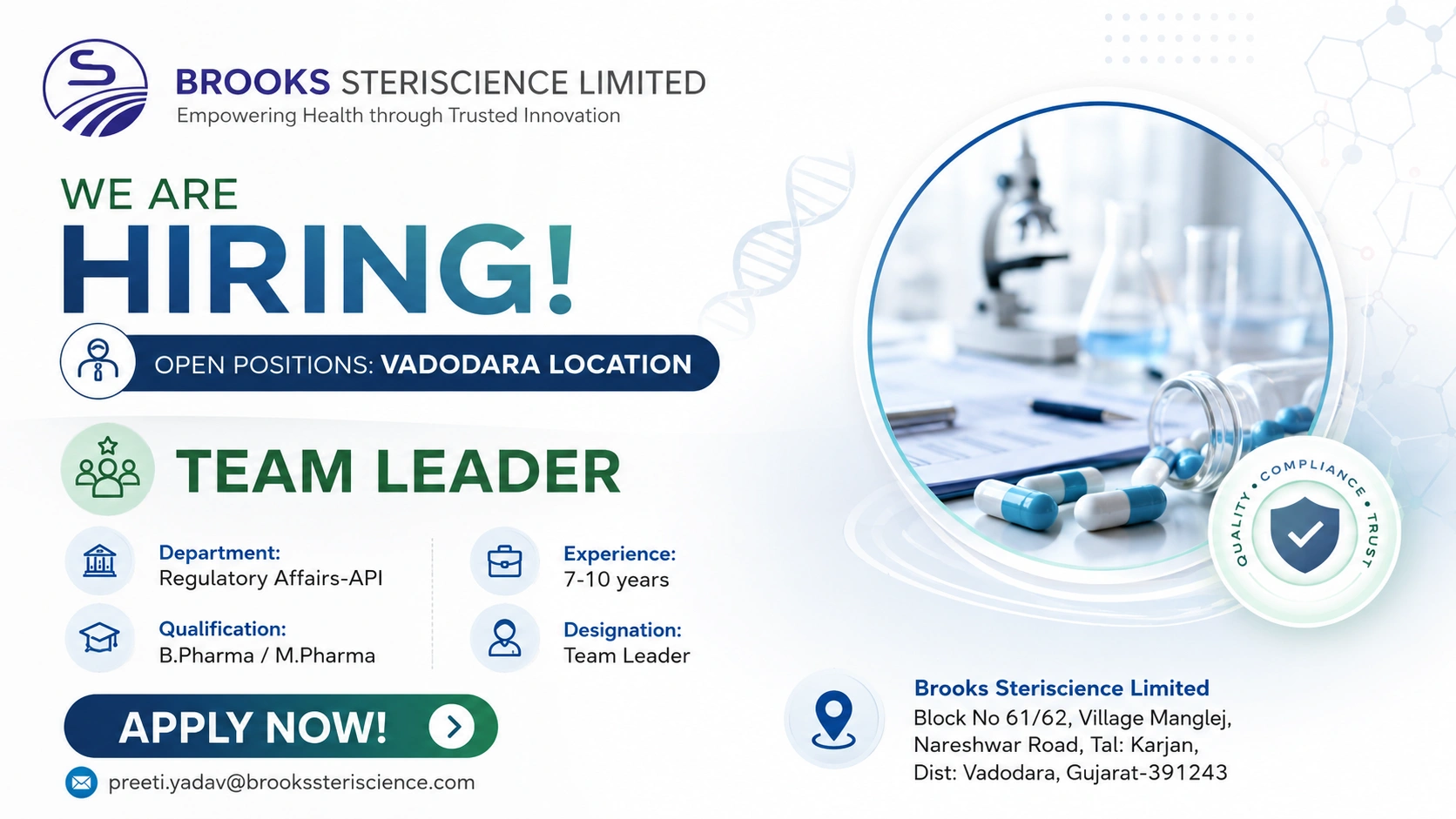Brooks Steriscience Limited Hiring Team Leader – Regulatory Affairs (API) | Pharma Jobs in Vadodara 2026