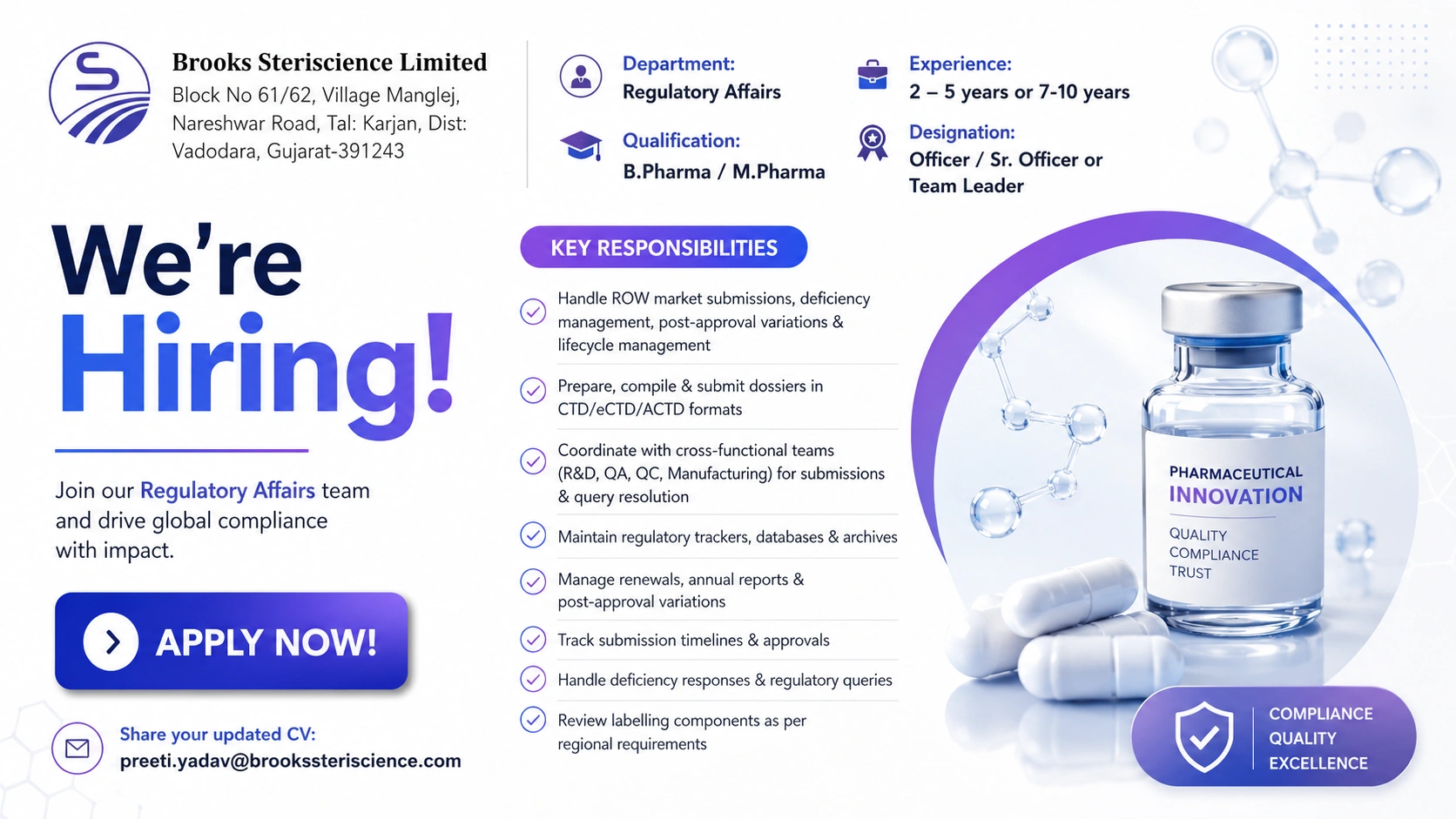 Brooks Steriscience Limited Hiring Regulatory Affairs Professionals | Pharma Jobs in Gujarat