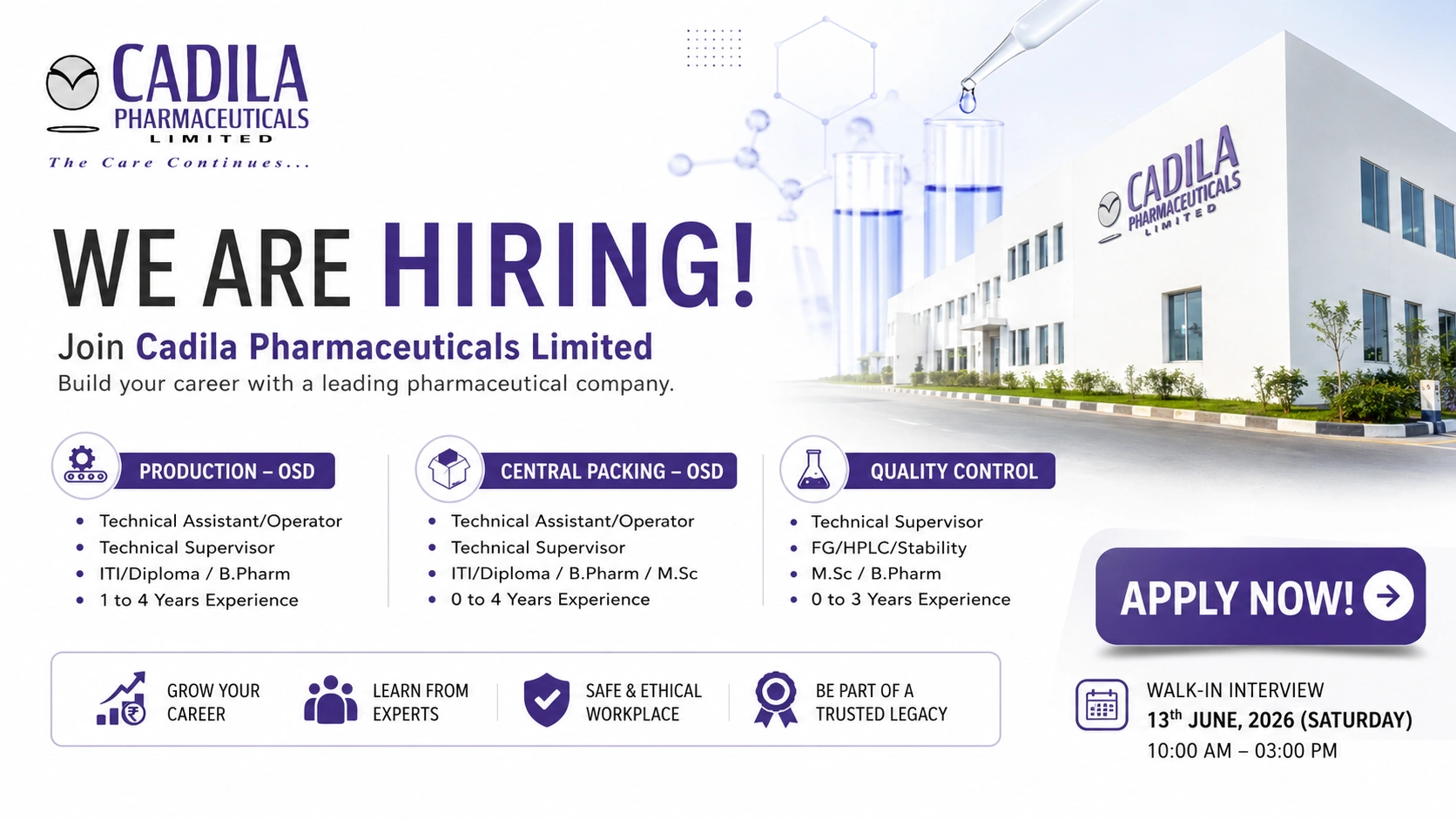 Cadila Pharmaceuticals Walk-In Interview for Production, Packing & QC Roles at Jammu Plant | Freshers & Experienced Candidates on 13 June 2026 (Saturday)