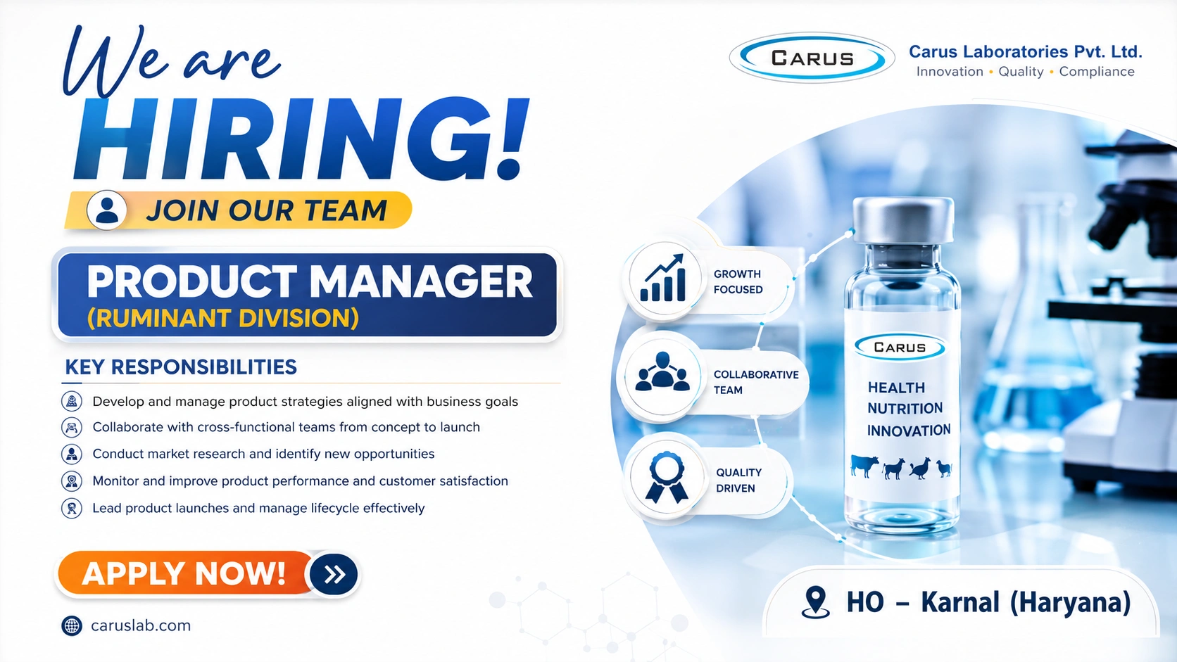 Carus Laboratories Hiring Product Manager – Ruminant Division | Pharma Jobs in Karnal 2026